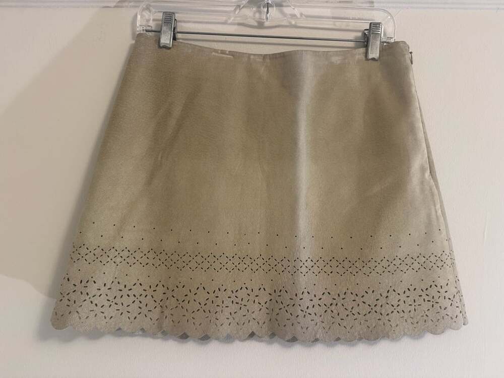 Suede Leather Skirt Scalloped Laser Cut Hem Beige